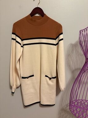Maeve Cream and Tan Turtleneck Sweater Dress with Black Trim